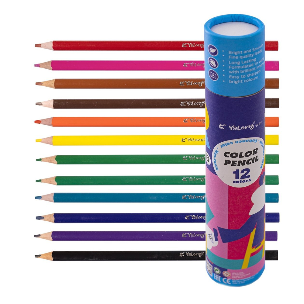 Карандаши цветные Yalong 12 цв., "Школа" пластиковые, трехгранные, заточенные, грифель 3.0 мм, картон. тубус