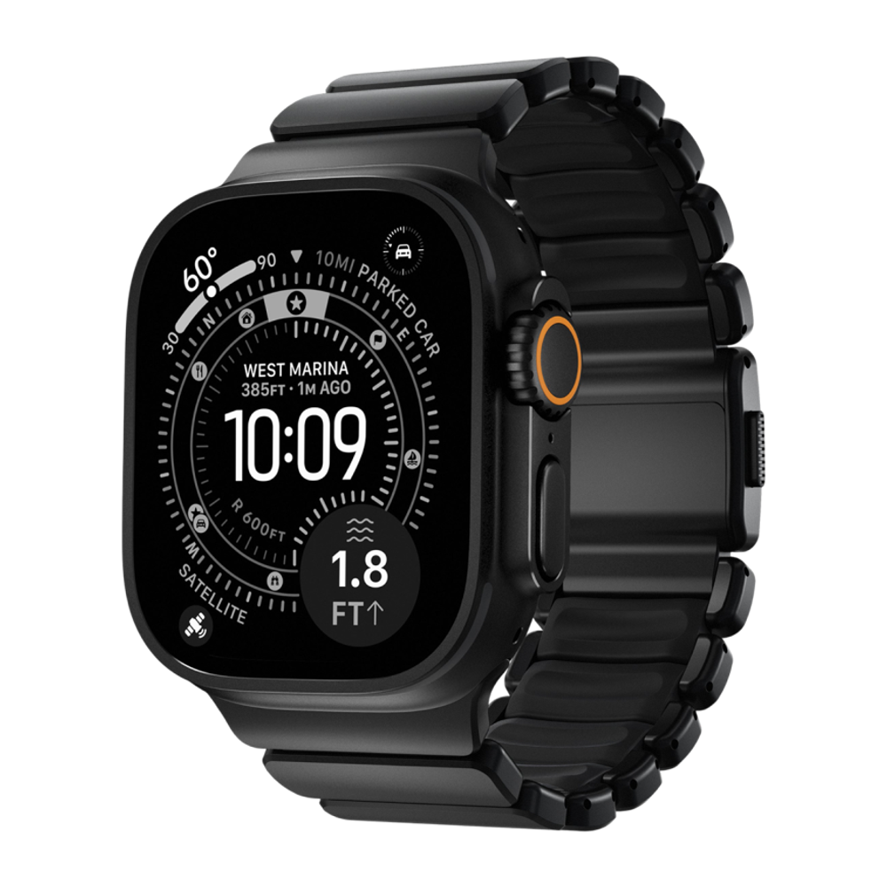 Титановый блочный браслет Nomad Stratos Band для Apple Watch 44, 45, 46 мм и Ultra 2–3 Водостойкий гибридный браслет из титана 4-го класса с алмазоподобным покрытием и фторэластомера с магнитной застёжкой. На запястье обхватом 130–200 мм