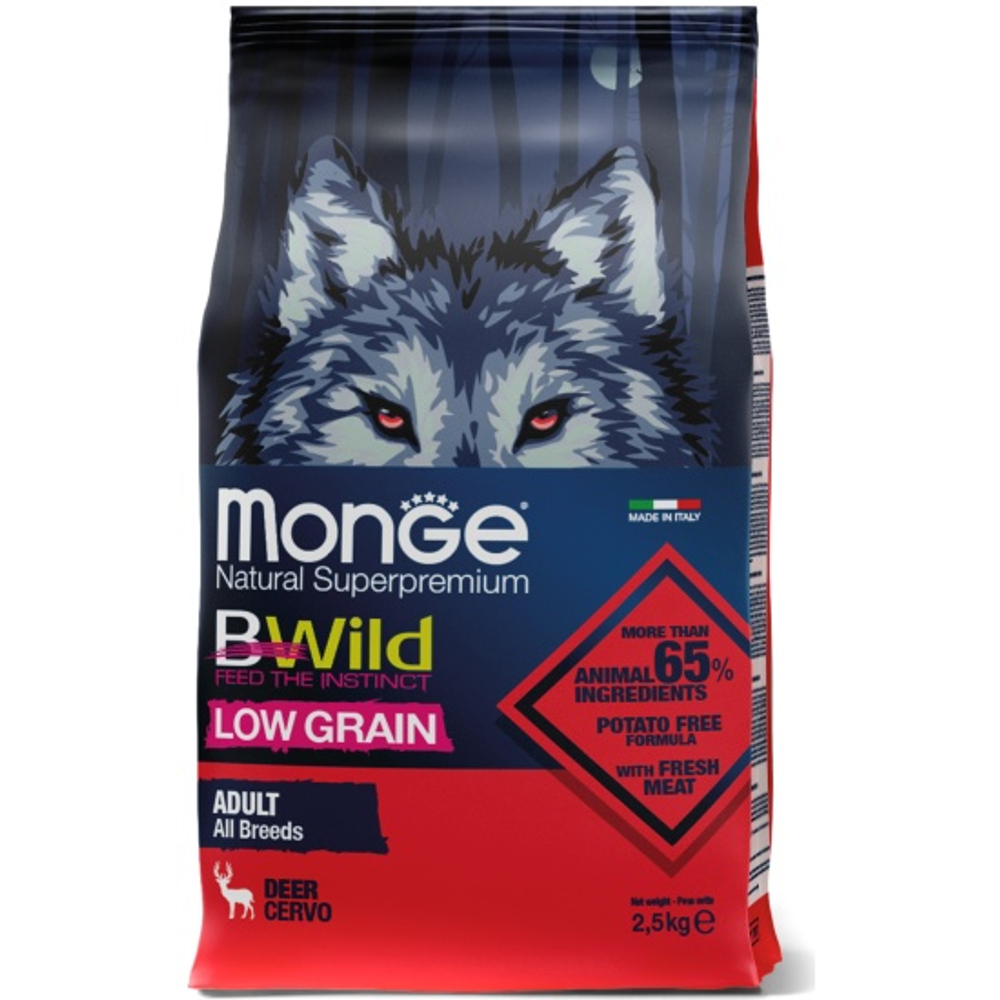 Сухой корм Monge Dog BWild LOW GRAIN для взрослых собак, низкозерновой, из мяса оленя 2,5 кг