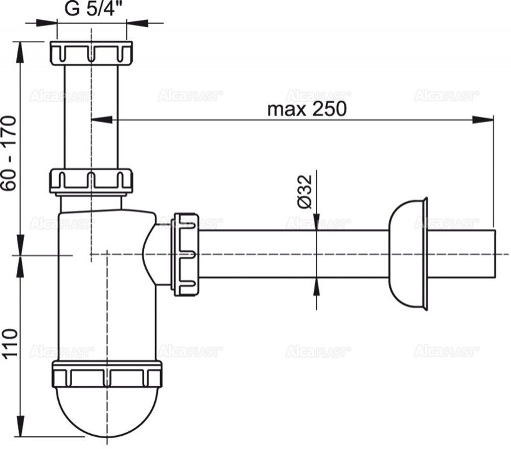 Сифон для умывальника ?32 c накидной гайкой 5/4" Alca Plast A430