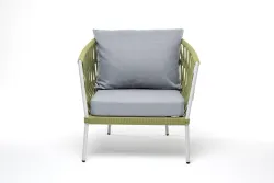 "Диего" кресло плетеное из роупа, каркас алюминий светло-серый (RAL7035) муар, роуп салатовый меланж круглый, ткань светло-серая