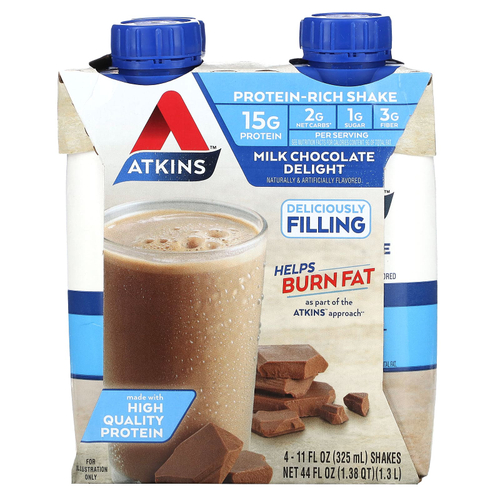 Atkins, Protein Rich Shake, молочный шоколад, 4 коктейля, 325 мл (11 жидк. унц.)
