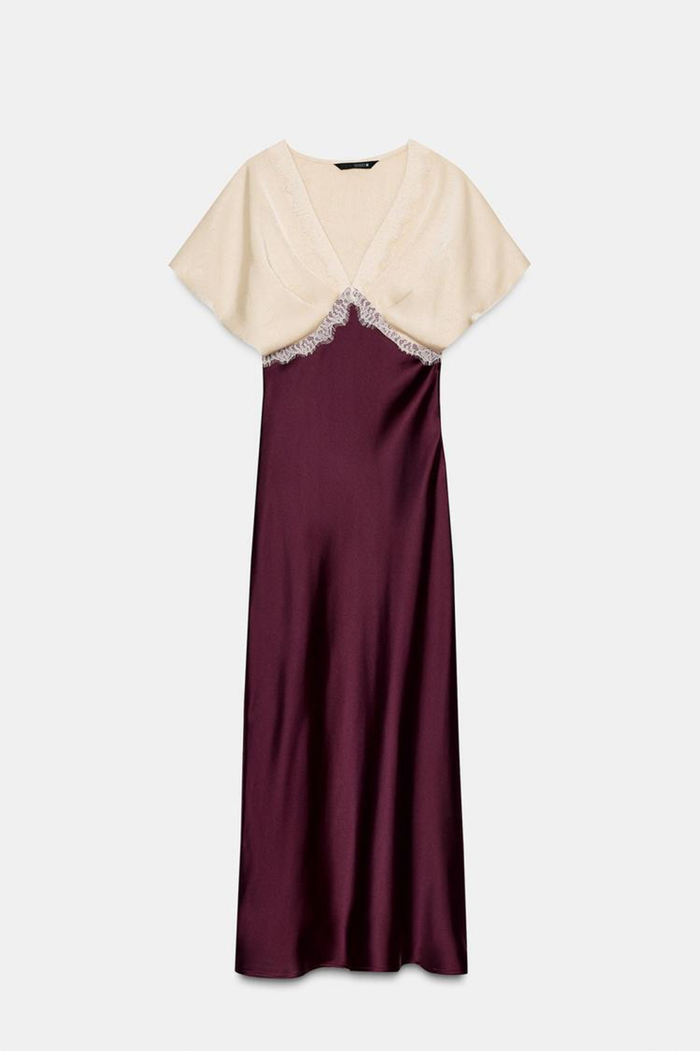 ZARA АТЛАСНОЕ ПЛАТЬЕ МИДИ С КОМБИНИРОВАННЫМ КРУЖЕВОМ, БУРГУНДИ