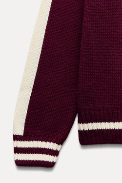 ZARA ТРИКОТАЖНЫЙ СВИТЕР С КАНТАМИ, БОРДОВЫЙ