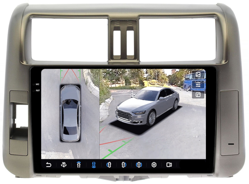 Магнитола для Toyota Land Cruiser Prado 150 2009-2013 (рамка бронза) - FarCar BX065M-360 монитор 9.5" 2K QLED на Android 13, 6Гб+128Гб, CarPlay, 4G SIM-слот, 4 камеры в комплекте