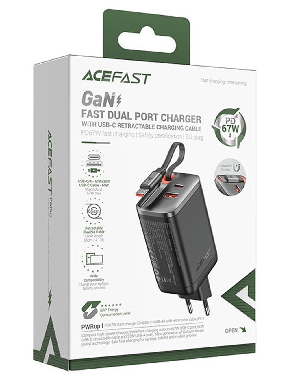 Сетевой адаптер питания ACEFAST A111 2 USB-C/USB A + кабель Type-C PD67W (черный)