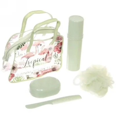 Набор банный дорожный 4шт «Traveler-Фламинго», цв зеленый, (мочалка, футляр 2шт, расческа), 20*16*7