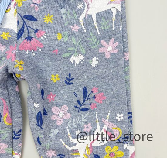 Брюки "Единороги в цветах" из футера, серо-голубые