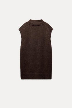 ZARA ТРИКОТАЖНЫЙ ЖИЛЕТ С V-ОБРАЗНЫМ ВЫРЕЗОМ, ТЕМНО-КОРИЧНЕВЫЙ