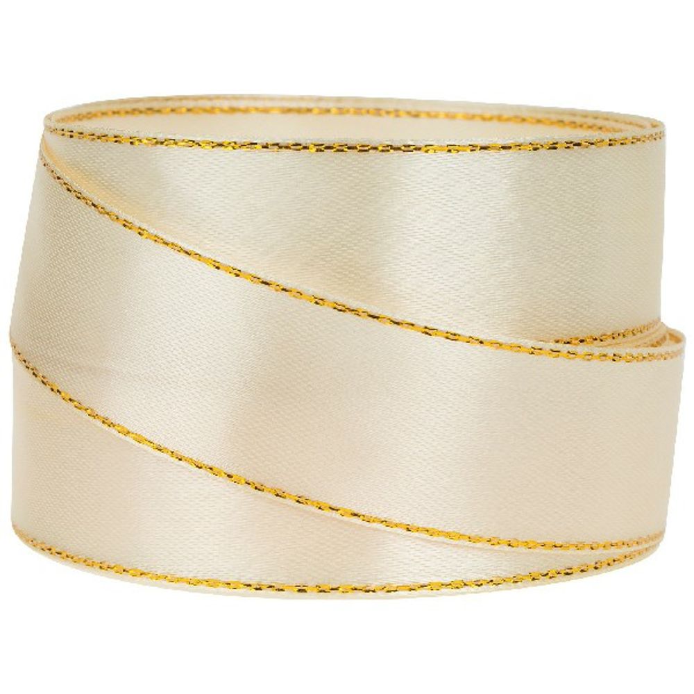 Лента атлас 25ммx25ярд ЗОЛОТОЙ КАНТ (Крем)