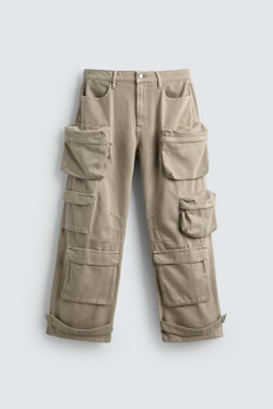 ZARA ДЖИНСОВЫЕ БРЮКИ КАРГО С КАРМАНАМИ, РЫЖЕВАТО-КОРИЧНЕВЫЙ