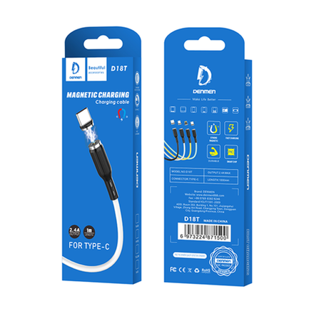 Кабель для зарядки Denmen D18T USB-A - Type-C, 2.4A, 1м, магнитный, ПВХ, белый