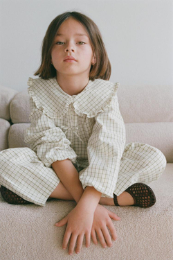 ZARA БЛУЗА В КЛЕТКУ С КРУГЛЫМ ВОРОТНИКОМ, ЭКРЮ