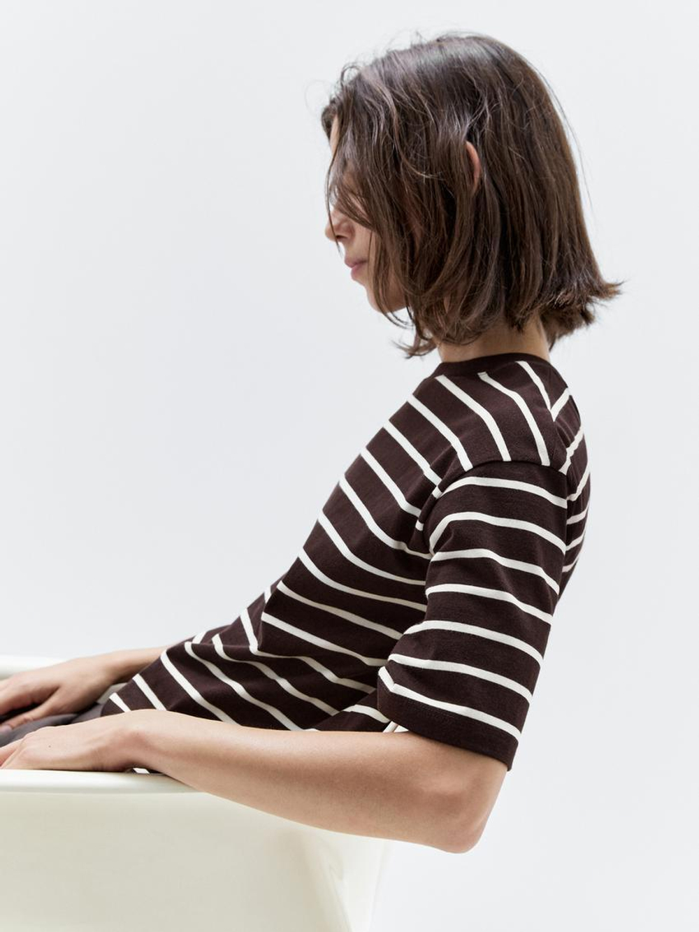 Massimo Dutti Футболка в полоску из 100% хлопка, коричневый