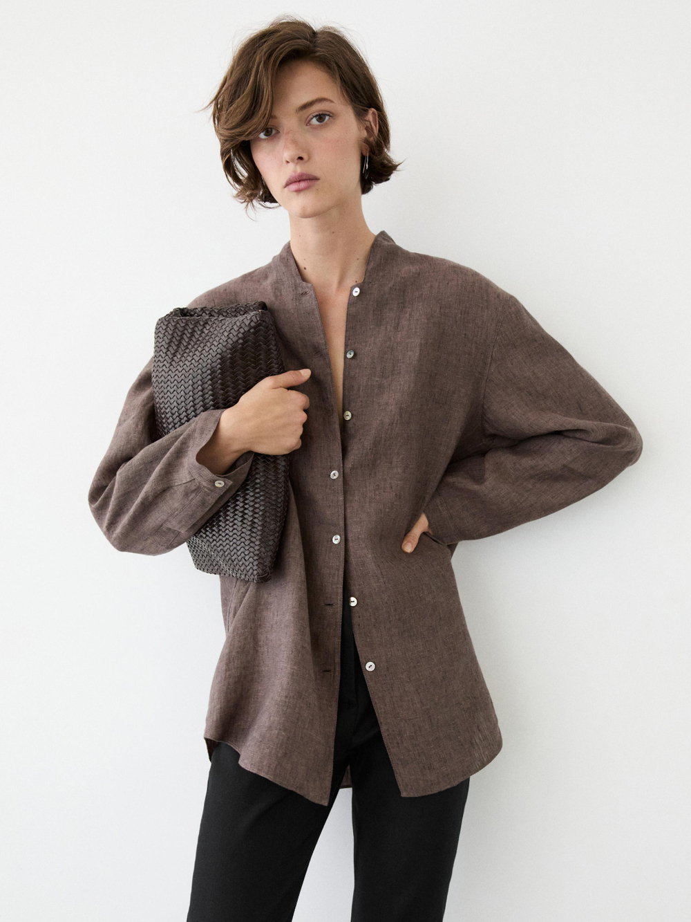 Massimo Dutti Рубашка с V-образным вырезом из 100% льна, коричневый