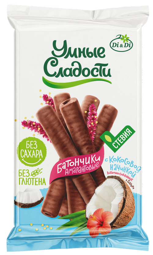 Батончики безглютеновые «Умные сладости» с кокосовой начинкой, в глазури, витаминизированные 110г