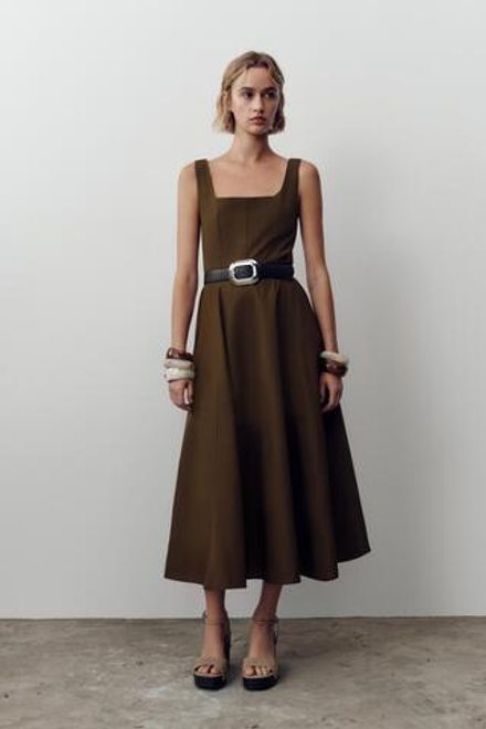 ZARA ПЛАТЬЕ-МИДИ С ПОЯСОМ, КОРИЧНЕВЫЙ