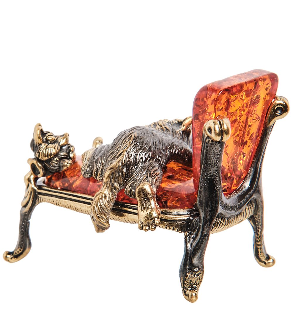 Народные промыслы AM-1557 Фигурка «Кот и мышь на кушетке» (латунь, янтарь)