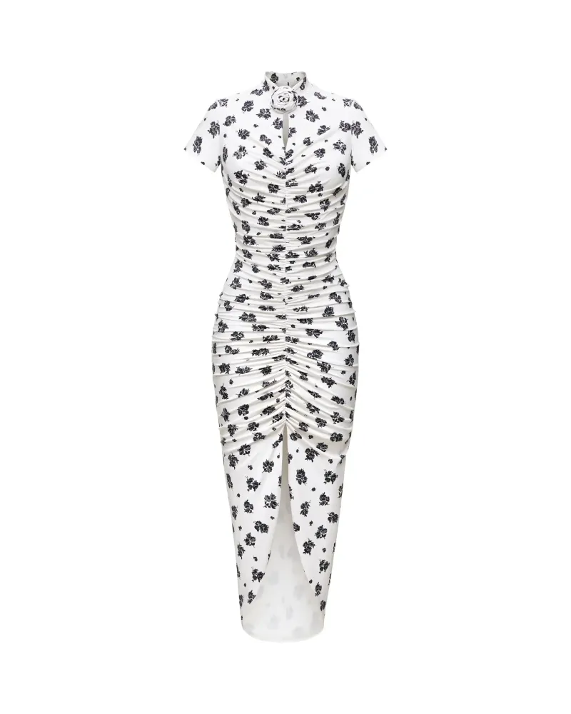 Amanda midi, платье миди с коротким рукавом из молочного бифлекса с цветочным принтом