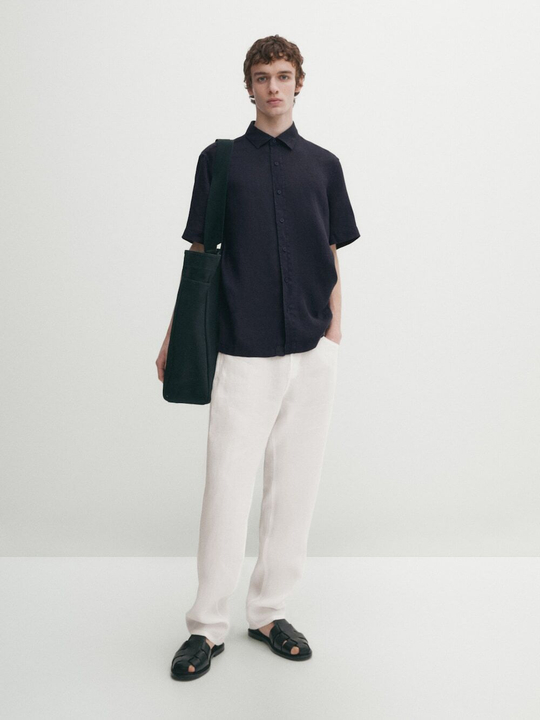 Massimo Dutti Рубашка из 100% льна с короткими рукавами,  темно-зеленый