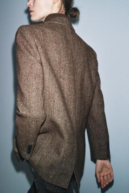 ZARA БЛЕЙЗЕР ИЗ СМЕСОВОГО ЛЬНА С УЗОРОМ В ЕЛОЧКУ — ZW COLLECTION, СВЕТЛО-КОРИЧНЕВЫЙ