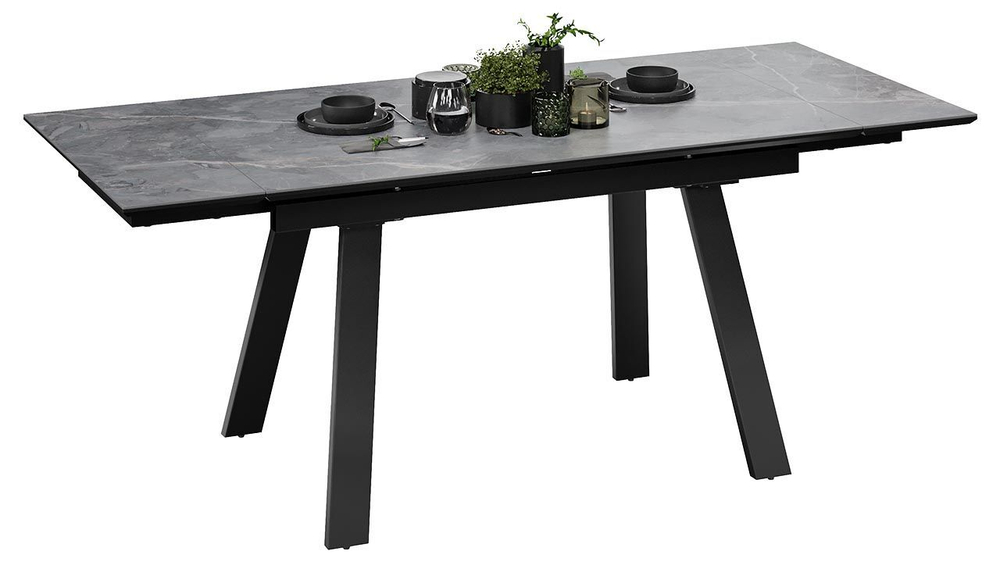 Стол кухонный обеденный раздвижной Черный муар/Керамика матовая серый мрамор 140(200)х85х76 см