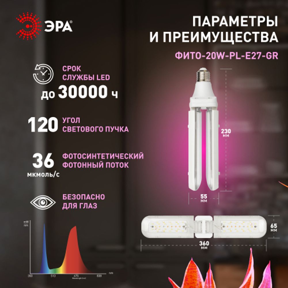 Фитолампа для растений светодиодная ЭРА GREEN LINE ФИТО-20W-PL-E27-GR 2-х лепестковая красно-синего спектра 20 Вт Е27
