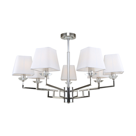 Люстра на штанге 7x40Вт E14, металл/ткань/хрусталь, никель, белый плафон, прозрачный хрусталь