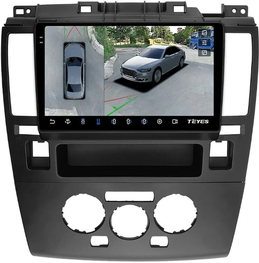 Магнитола для Nissan Tiida C11 2004-2013 (климат с круглым экранчиком, рамка черная) - Teyes CC3-2K-360 на Android 10, 2K QLED, 6Гб+128Гб, CarPlay, 4G SIM-слот, 4 камеры в комплекте