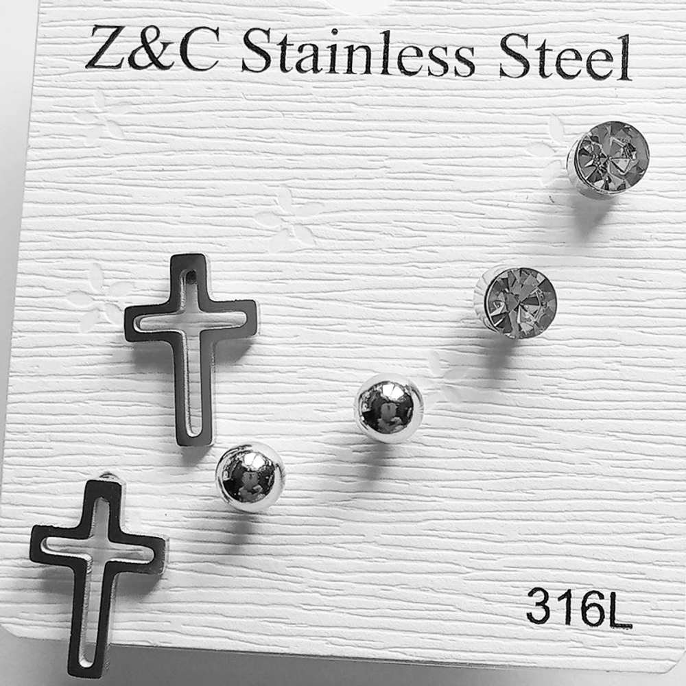Серьги гвоздики (набор 3 пары) "Кристалл, шарик, крестик" для украшения пирсинга ушей серебристые. STAINLESS STEEL. Цена за набор.