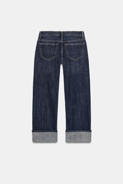 ZARA ДЖИНСЫ TRF ПРЯМОГО КРОЯ С ОТВОРОТАМИ И СРЕДНЕЙ ПОСАДКОЙ, ТЕМНЫЙ ИНДИГО