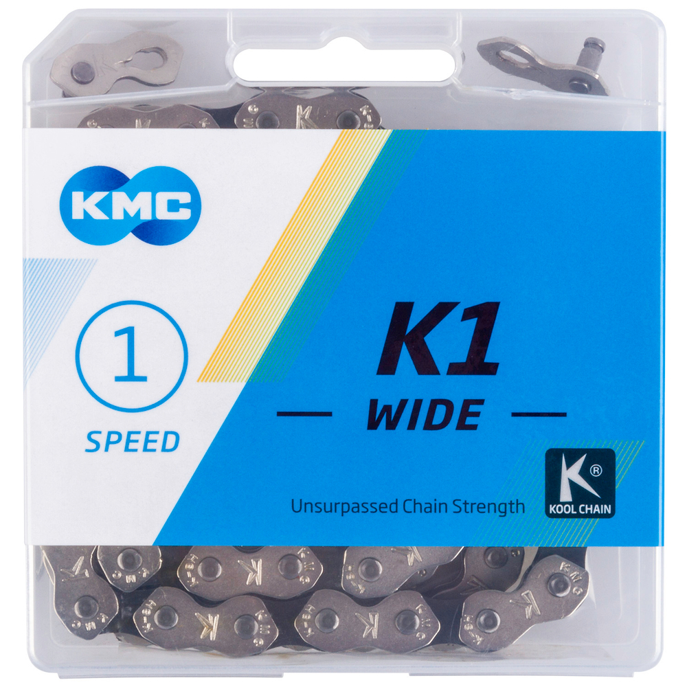 Цепь K1 WIDE kool 1/2"х1/8" 110зв. 9,4мм повыш. прочности (до 1300кг) с замком в пластиковой коробке 1скор. BMX KMC