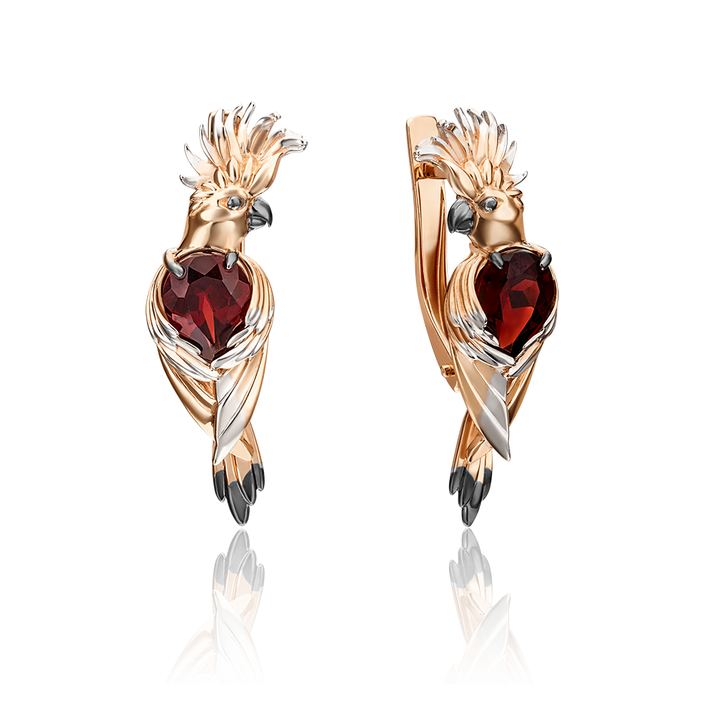 Серьги «Попугаи» с английским замком из красного золота с гранатом