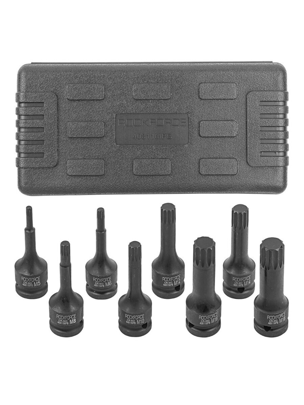 Набор головок-бит SPLINE ударных 8пр.,1/2''(M5, M6, M8, M10, M12, M14, M16, M18), в кейсе RockForce##Rock FORCE RF-40811MPB