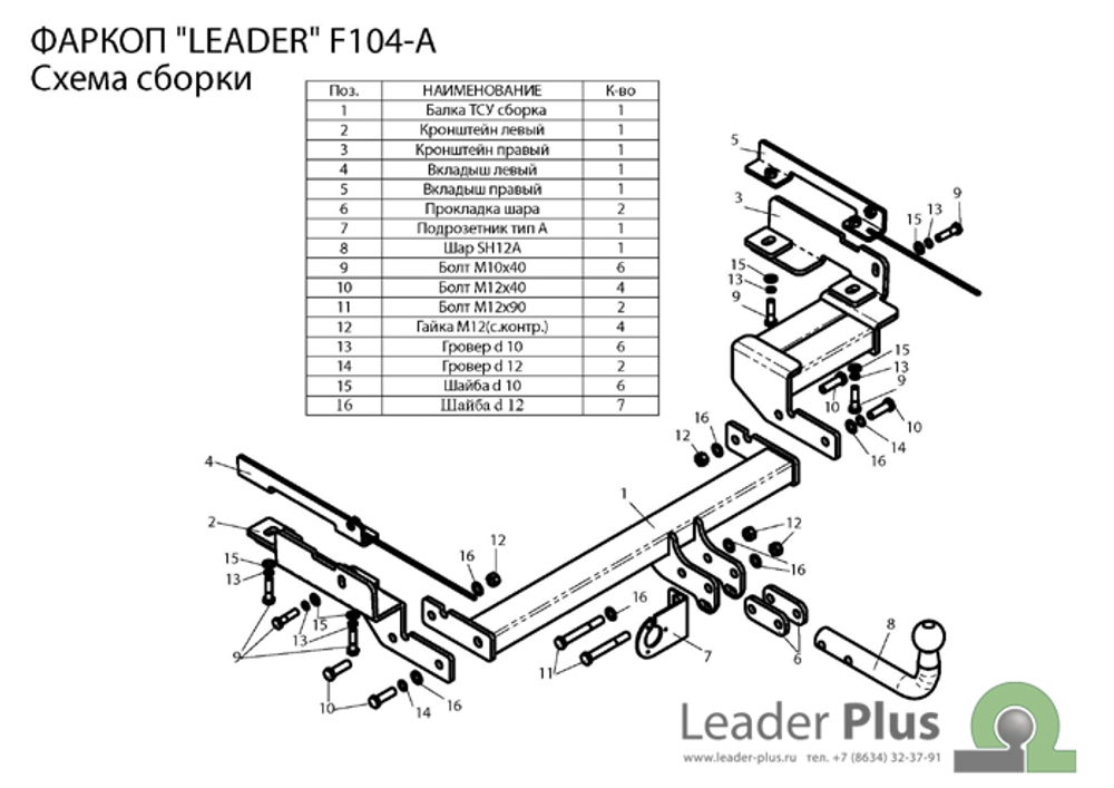 Фаркоп(прицепное) Лидер-Плюс для FORD FUSION (хетчбек) 2002-2012 (паспорт и сертификат в комплекте)(без электрики)F104-A