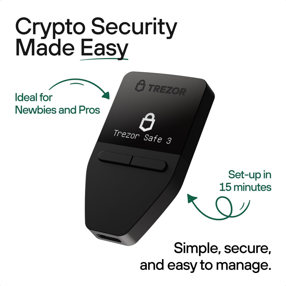 Trezor Safe 3 — Аппаратный криптокошелек с защитой Passphrase и Secure Element Безопасное хранение, покупка и управление цифровыми активами (Cosmic Black)