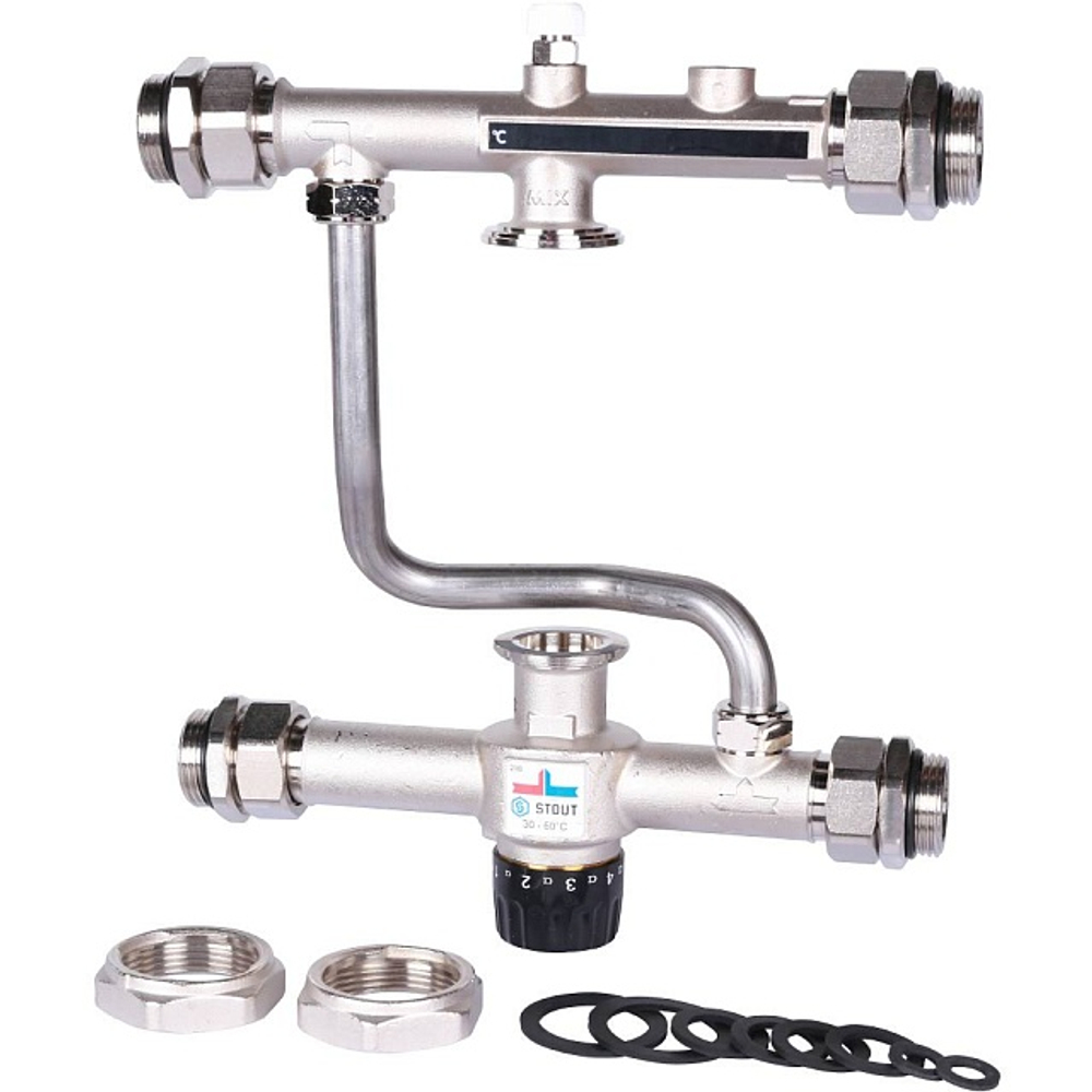 Насосно-смесительный узел проходной STOUT - 1" (термоклапан 30-60°C, с дисплеем, без насоса)