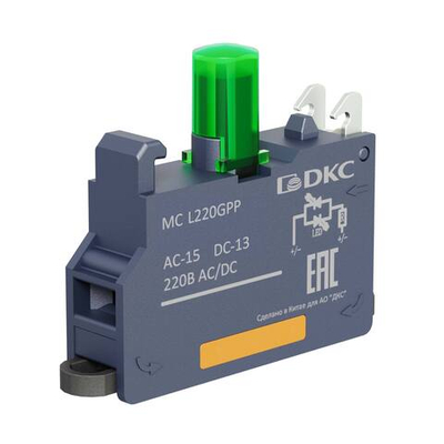 Контактный  блок с клеммным безвинтовым зажимом со светодиодом на 220В, зелёный