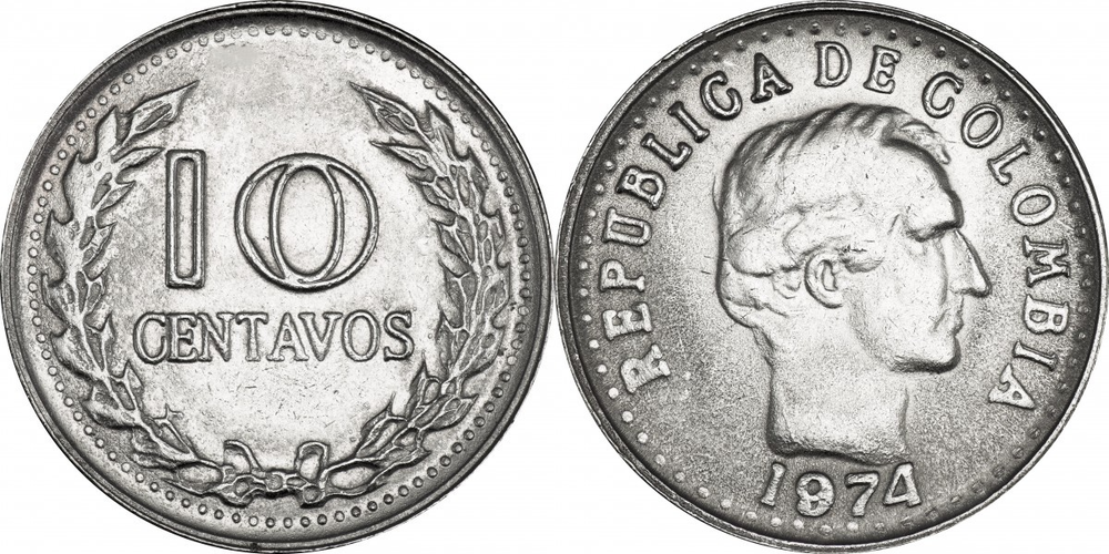 Колумбия 10 сентаво, 1972 - 1978 Франсиско де Паула UNC