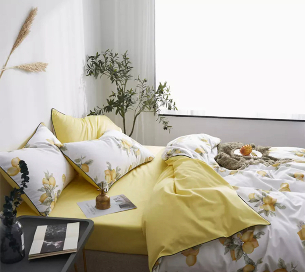 Постельное белье ЕВРО (двуспалка) Египетский Хлопок Лимоны на белом