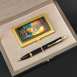 Набор подарочный "Парусник" визитница персональная с ручной росписью и ручка Parker