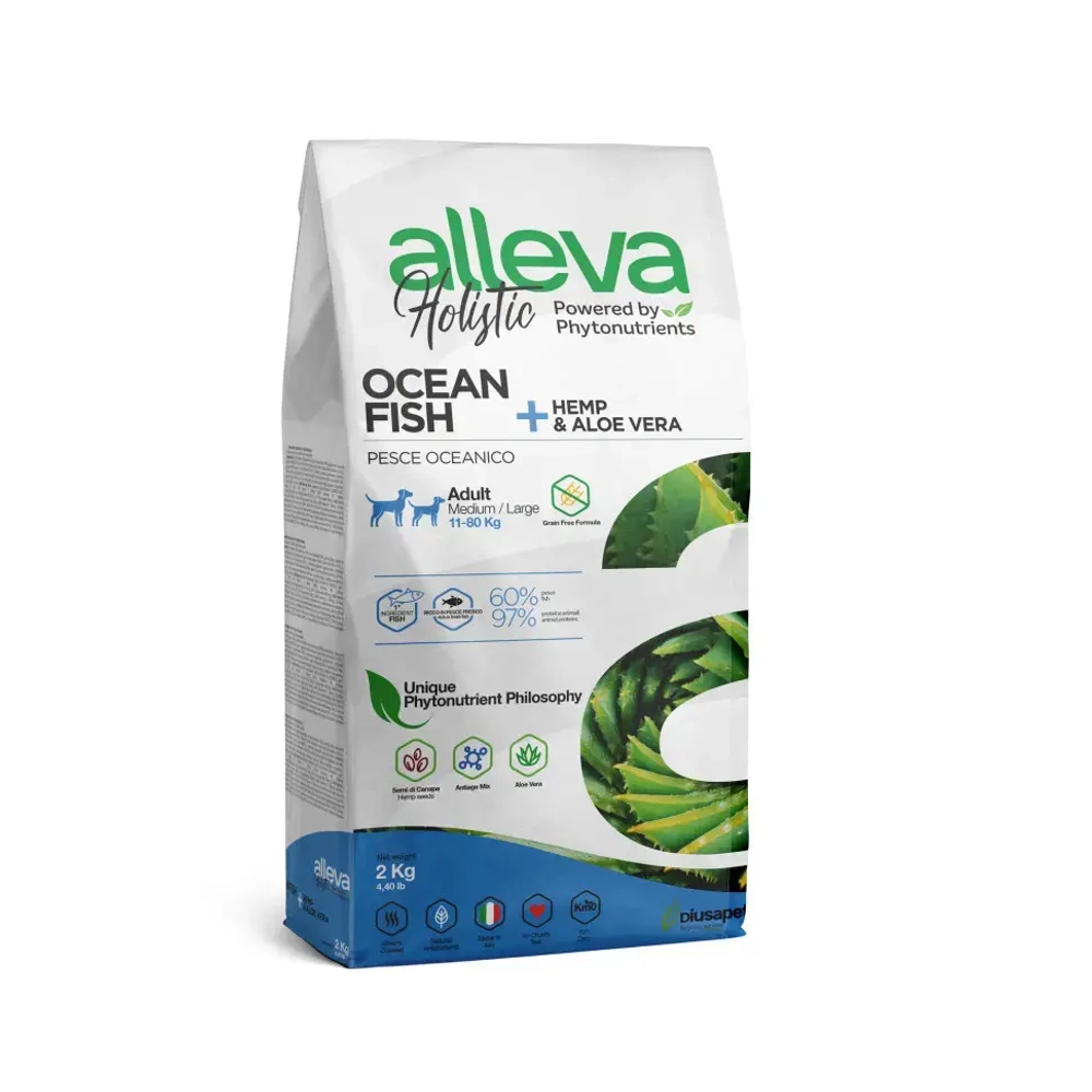 Alleva holistic adult ocean fish medium/maxi сухой корм для взрослых собак средних и крупных пород с рыбой, коноплей и алое вера 2 кг