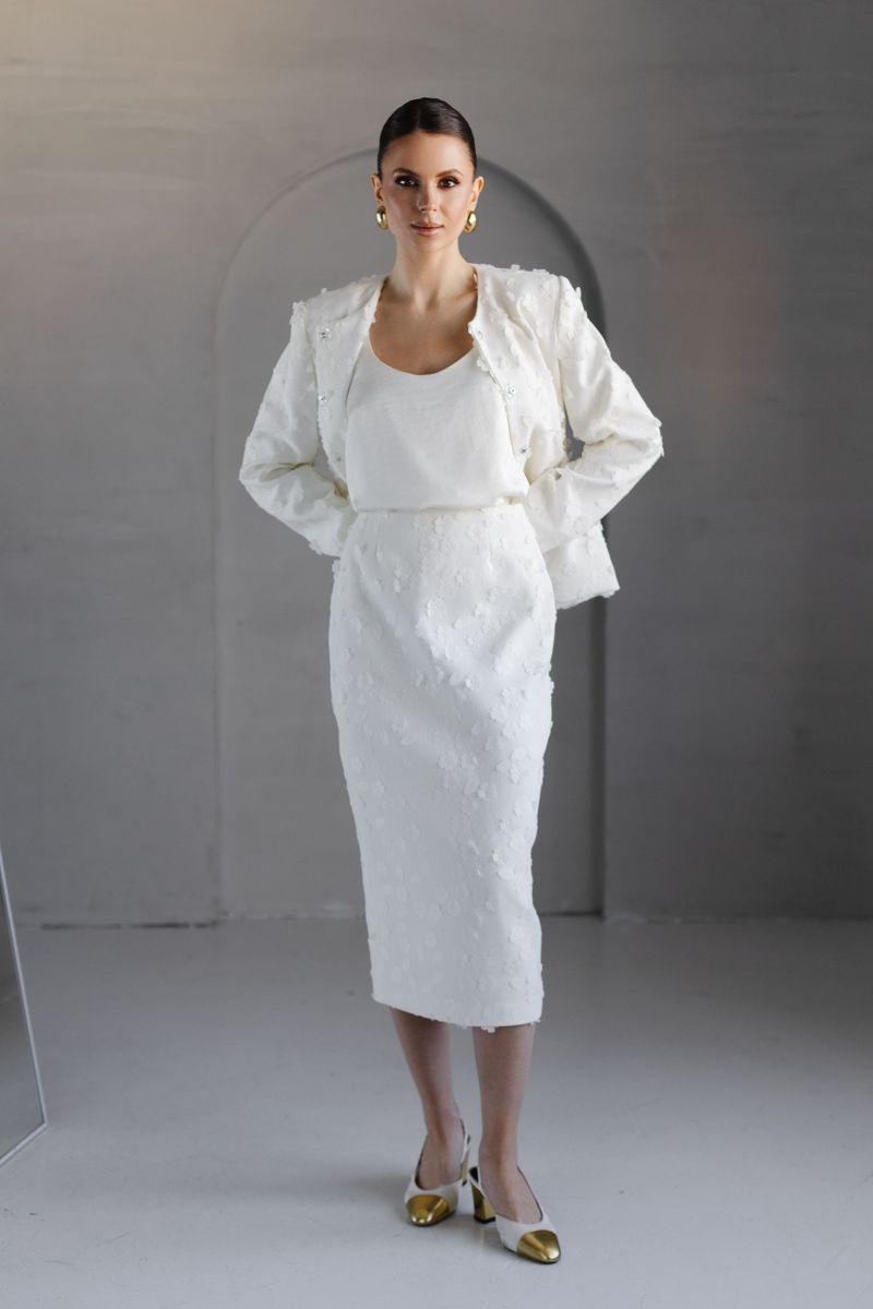 Юбка из твида миди молочная с цветами