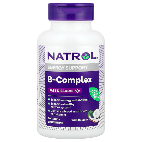 Natrol, Комплекс витаминов группы B, быстрорастворимые, натуральный кокосовый вкус, 90 таблеток