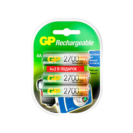 Аккумулятор GP Rechargeable 270AAHC4/2-2CR6, типоразмер АА, 2700 мАч, 1,2 В, 6 шт