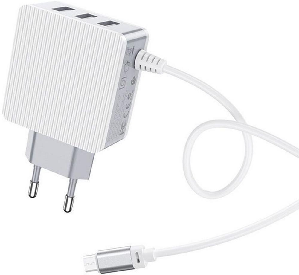 Сетевой адаптер питания BOROFONE BA42A 3USB 3.1A + встроенный кабель Micro Usb (белый)