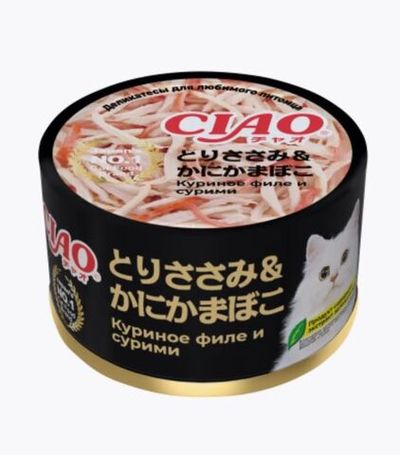 Влажный корм для кошек INABA CIAO can Куриное филе и сурими, консервы 85г