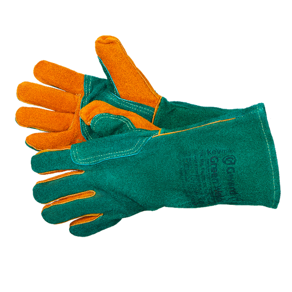 Краги GWARD Green Welder, из спилка, зеленого цвета, с усилением, прошиты огнеупорной нитью
