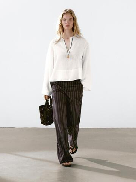 Massimo Dutti Рубашка из 100% льна с открытым воротником-стойкой, белый