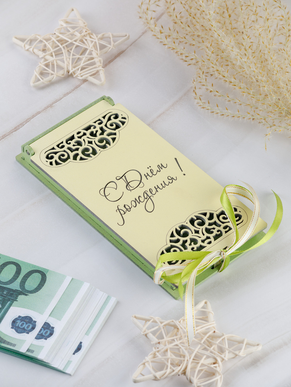 Купюрница деревянная, покраска акрил, с атласной леной